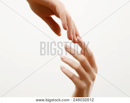 Hand Skin Care. Closeup Of Beautiful Woman Hands With Light Manicure On Nails . Cream For Hands And