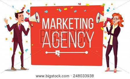 Marketing Agency Banner Vector. Inbound, Outbound Marketing Banner. Male, Female With Megaphone, Lou