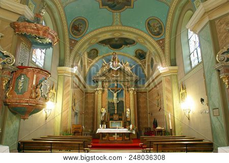 ZACRETJE, CROATIA - AUGUST 06: Parish Church of the Holy Cross in Zacretje, Croatia on August 06, 2017.
