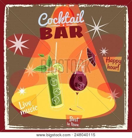Retro Poster Design For Cocktailbar. Vintage Poster, Happy Hour, Card For Bar Or Restaurant.