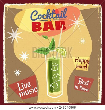 Retro Poster Design For Cocktailbar. Vintage Poster, Happy Hour, Card For Bar Or Restaurant.
