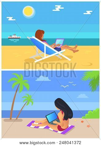 Freelancer Summer Collection Freelancers Woman With Laptop Working By Seaside Flying Birds And Shini