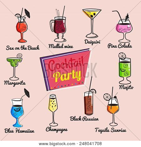 Set Of Ten Beautiful Illustration Of Some Of The Most Famous Cocktails And Drink