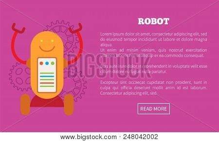 Robot On Wheels With Screen And Limbs Promotional Internet Poster. Electric Automotive Robot With Se