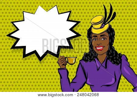 Black Afro Young Woman Pop Art. Elegantly Dressed, In A Beautiful Retro Hat And Fashionable Dress St