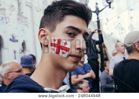 Moscow, Russia - July 3 2018: English Fan Walking In Moscow After The Victory Of His National Team A