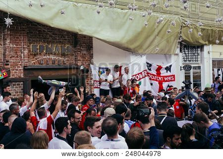 Moscow, Russia - July 3 2018: English Fans Chanting On The Street In Moscow After The Victory Of The