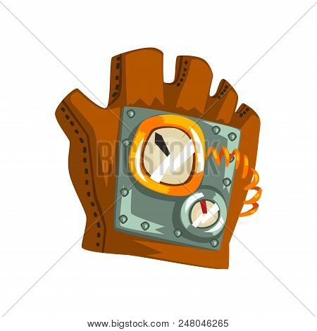 Steampunk Leather Glove With Measuring Devices, Antique Mechanism Vector Illustration Isolated On A 