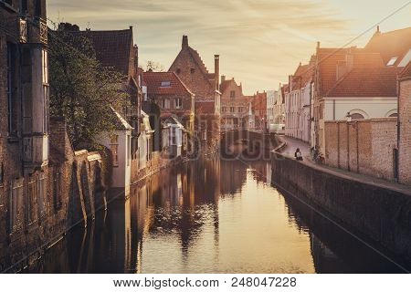 Classic Postcard View Of The Historic City Center Of Brugge, Often Referred To As The Venice Of The 