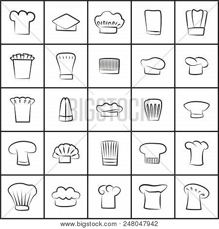 Chef Hats Of All Shapes Thin Outline Set. Cooks Uniform Elements With Various Designs. Chef Hats Ske