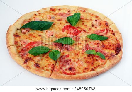 Pizza Slice Top View Isolated On White Background. Italian Food Traditional Cuisine. Italian Pizza W