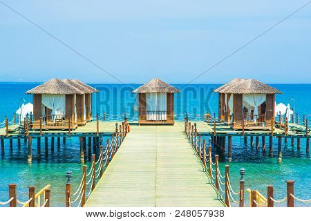 Wooden Beach Pavilions On The Shore Of A Sandy Beach - The Mediterranean Coast, Beldibi, Antalya, Tu