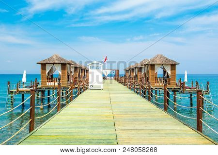 Wooden Beach Pavilions On The Shore Of A Sandy Beach - The Mediterranean Coast, Beldibi, Antalya, Tu