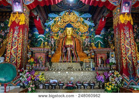 Bodhgaya, India - July 9, 2015. Interior Of Bhutanese Buddhist Temple In Bodhgaya, India. Bodh Gaya 