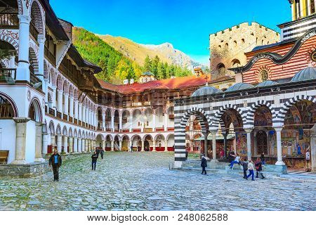 Rila, Bulgaria - October 27, 2017: Rila Monastery View With Autumn Mountain Trees At Background
