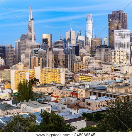 San Francisco downtown skyline Aerial view at sunset from Ina Coolbrith Park Hill in San Francisco, California, USA.