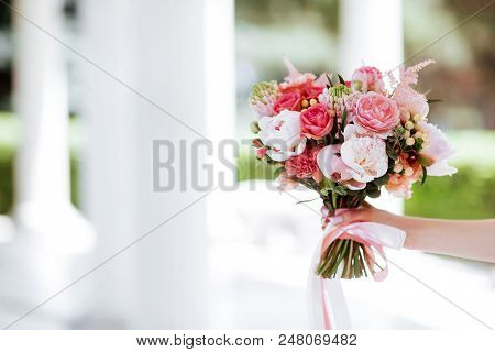 Flower Bouquet In Woman Hand. Weddin Concept.