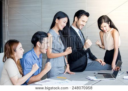 Young Business People Working Together With Happy Emotion When Finish Online Meeting. Business Peopl