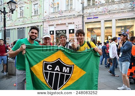 Moscow, Russia - June 26, 2018: Brazilian Football Fans From Clube Atletico Mineiroon On The Streets