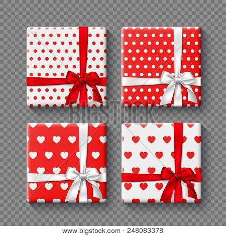 Set Of 3d Gift Boxes With Realistic Bow In White And Red Colors. Dotted And Hearts Pattern. Decorati