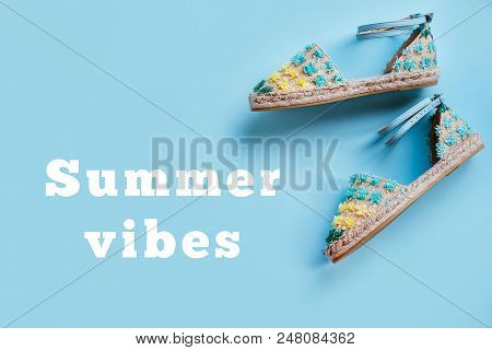 Summer Fashion Flatlay With Gradient Espadrille Sandals. Perfect Beach Set For Holidays On The Sea. 
