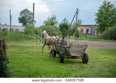 Litynia Village, Ukraine - June 02, 2018: Two Young Boys Throw Hay Out Of A Cart, Stocking Hay For L