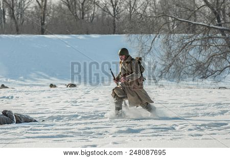 Russian Federation, Pskov District, Velikie Luki - 23 February 2018: Military Historical Reenactment