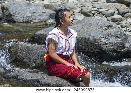 Batad, Philippines - May 02 : Girl From Ifugao Minority Near A Waterfall In Batad The Philippines On
