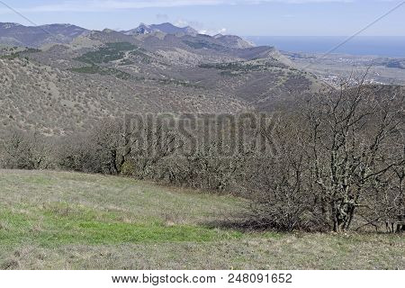 View From The Slope Of The Tokluk-syrt Ridge Towards The Sea. Crimea, Spring, Early April. Sunny Day