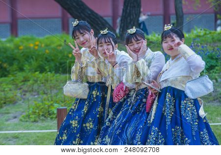 Seoul - May 10 : Korean Women Wearing Hanbok Dress In Seoul Korea On May 10 2018. Hanbok Is A Korean