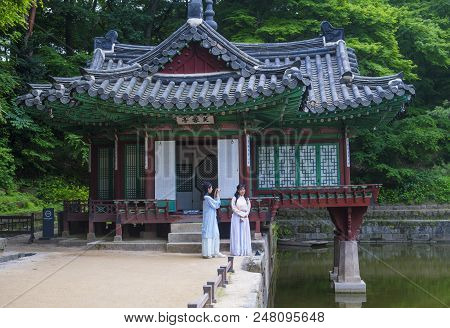 Seoul - May 10 : Korean Women Wearing Hanbok Dress In Seoul Korea On May 10 2018. Hanbok Is A Korean