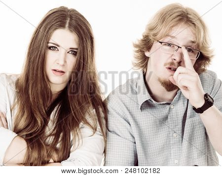 Woman Being Irritated Looking Displeased At Her Friend Or Boyfriend Being Silly, Fooling Around And 