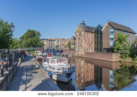 Coevorden, Netherlands - June 28, 2018: Motorboat In The Central Canal Of Coevorden, Holland