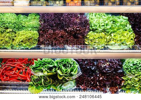Colourful Mix Of Different Red, Green, Violet Fresh Vegetables And Greens At The Shelfs Of Supermark
