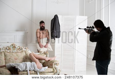 Aggressive Man With Gun To Shoot Couple In Love. Husband Arrived Home To See Wife Cheat With Lover. 