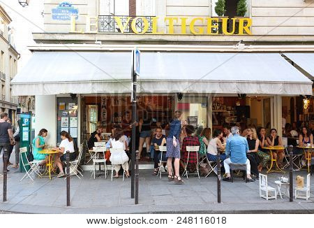 Paris, France-june 26, 2018 : View Of Typical French Cafe Voltigeur In The Quarter Marais, The Histo