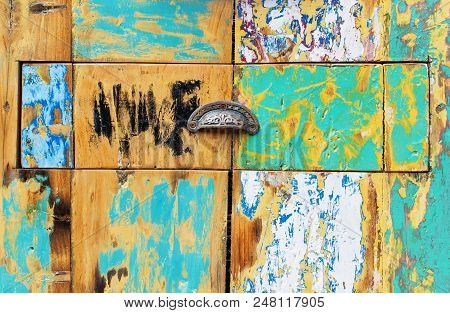 Decorative And Colorful Wood Furniture. Painted Wooden Plank Background. Old Weathered Wood Texture.