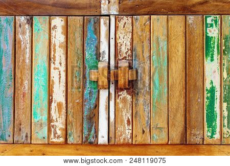 Decorative And Colorful Wood Furniture. Painted Wooden Plank Background. Old Weathered Wood Texture.