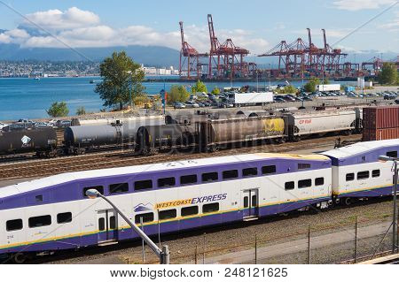 Vancouver, British Columbia, Canada - 13 September 2017: West Coast Express Train Near Waterfront St