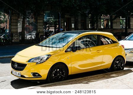 Strasbourg, France - June 10, 2017: New Yellow Opel Corsa Parked On The Street In France