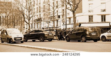 Paris, France - Jan 30, 2018: Car Accident Scene On Paris Street Between Luxury Limousine Lancia The