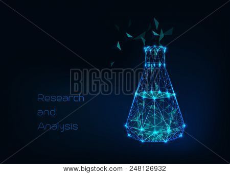 Scientific Background With Low Poly Wireframe Beaker, Test Tube And Abstract Tetrahedral Structure C