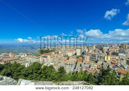 Aerial View Of Enna Old Town, Sicily, Italy. Enna Is A City And Comune Located At The Center Of Sici