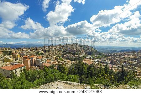 Aerial View Of Enna Old Town, Sicily, Italy. Enna Is A City And Comune Located At The Center Of Sici