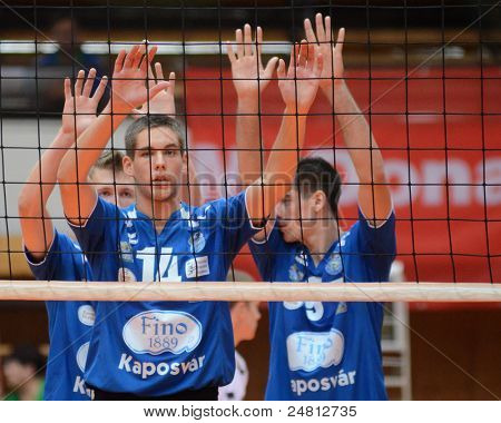 KAPOSVAR, Ungheria - 29 ottobre: Roland Vajda (14) in azione a un campionato nazionale ungherese vol