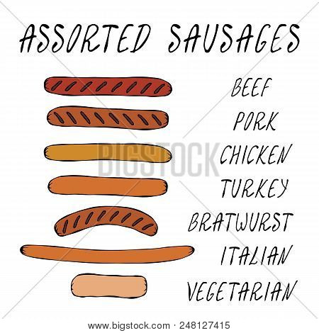 Set Of Assorted Sausages For Fast Food, Restaurant Or Bar Menu. Hand Drawn High Quality Clean Vector