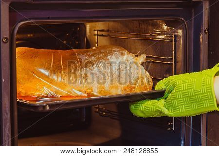 Food In Baking Sleeve. Meat And Vegetables In The Oven