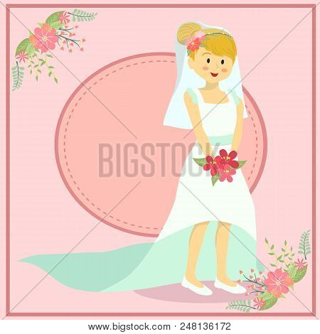 Bride Woman With White-blue Long Tail Wedding Dress In Pink Theme Background.