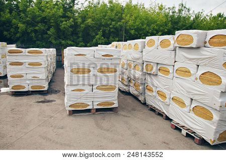 The Texture Of Mineral Wool For Insulating The Walls. Warehouse Of Products Ready For Import