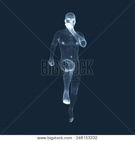 Running Man. Vector Graphics Composed Of Particles. 3d Model Of Man. Human Body Model. Body Scanning